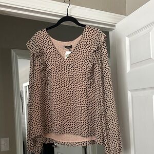 Very J Pink and Black Polka Dot V-Neck Blouse